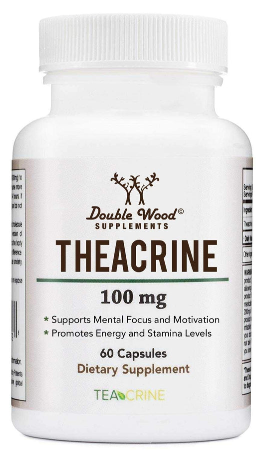 Double Wood Supplements frasco frontal mostrando etiqueta y beneficio energía sostenida