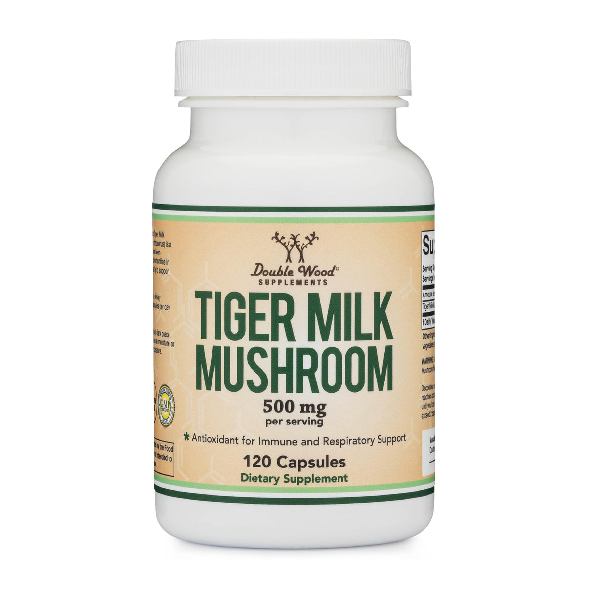 Double Wood Tiger Milk Mushroom envase frontal con diseño claro y dosis visible