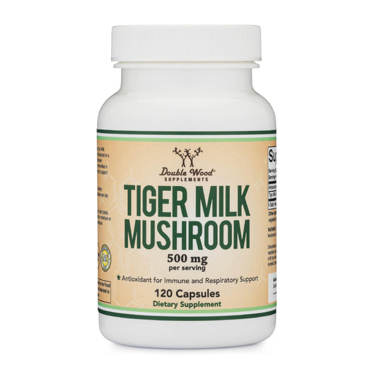 Double Wood Tiger Milk Mushroom envase frontal con diseño claro y dosis visible