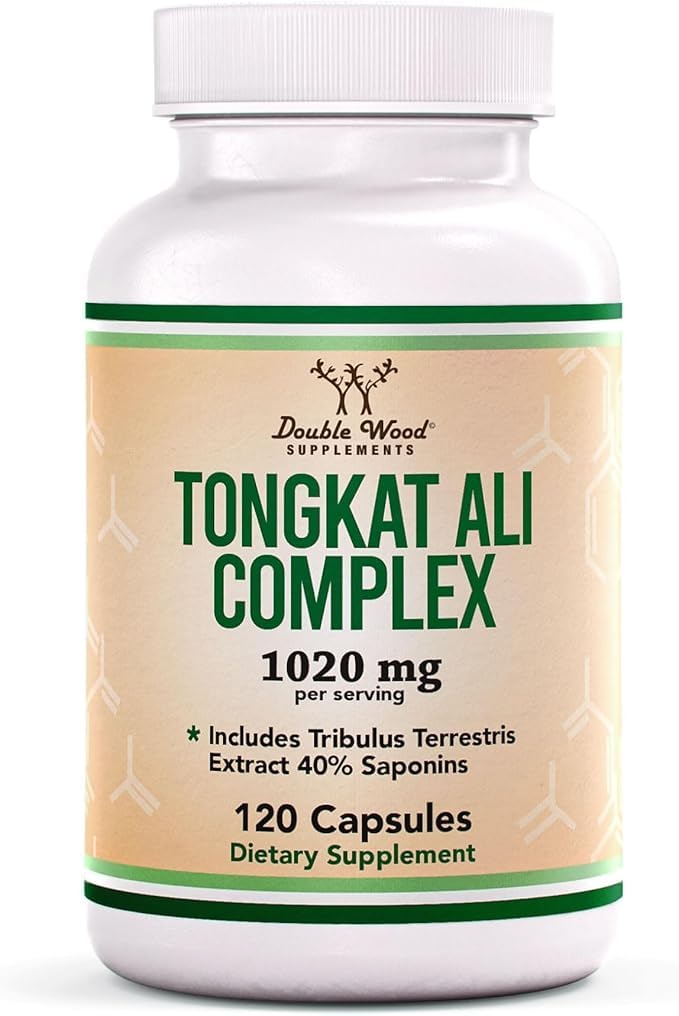 Double Wood Supplements frasco frontal mostrando Tongkat Ali 200:1 para confianza