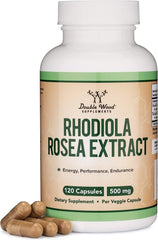 Double Wood Rhodiola Rosea 500mg, botella: cápsulas veganas para energía mental