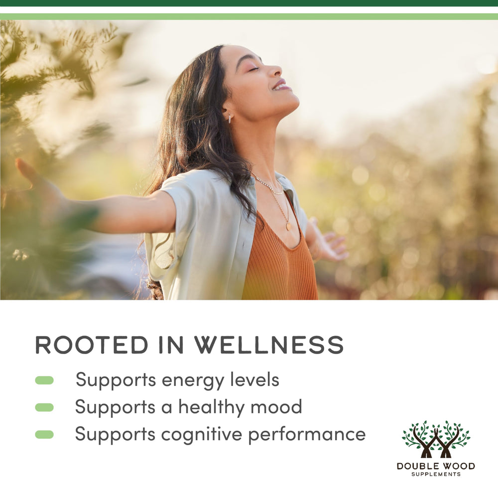 Capsulas en mano de Double Wood Rhodiola Rosea, tamaño práctico para viaje