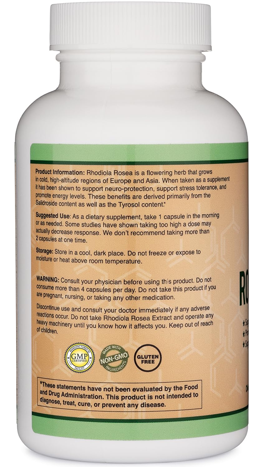 Double Wood Rhodiola etiqueta clara con lista de ingredientes y beneficios