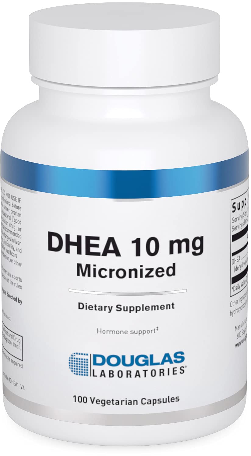 Douglas Laboratories empaquetado frontal que muestra DHEA 10 mg y beneficios