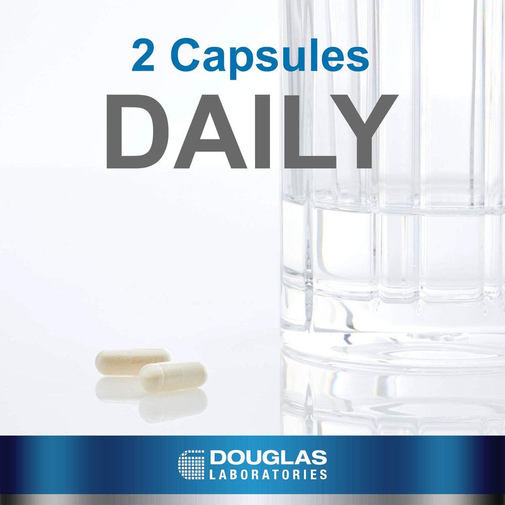Capsula abierta mostrando el polvo prebiótico y probiótico de Douglas Laboratories para soporte intestinal