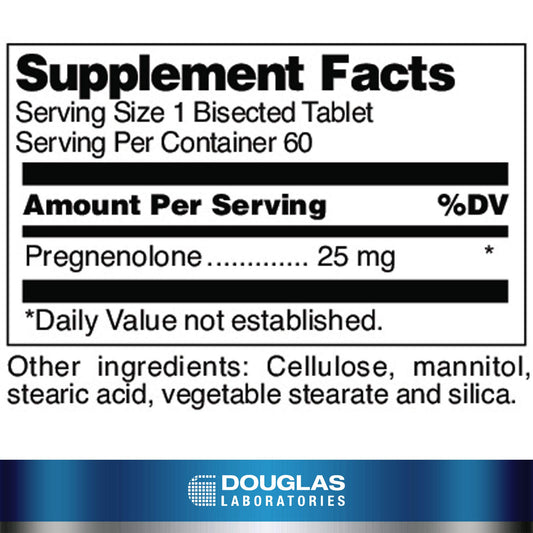 Douglas Laboratories Pregnenolone 25 mg mostrando tabletas en la palma para dosificación práctica