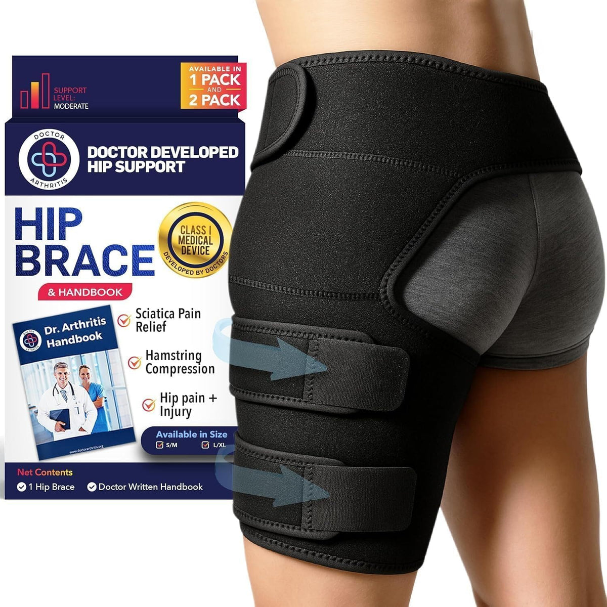 Dr. Arthritis vista frontal de la faja de cadera mostrando ajuste y soporte