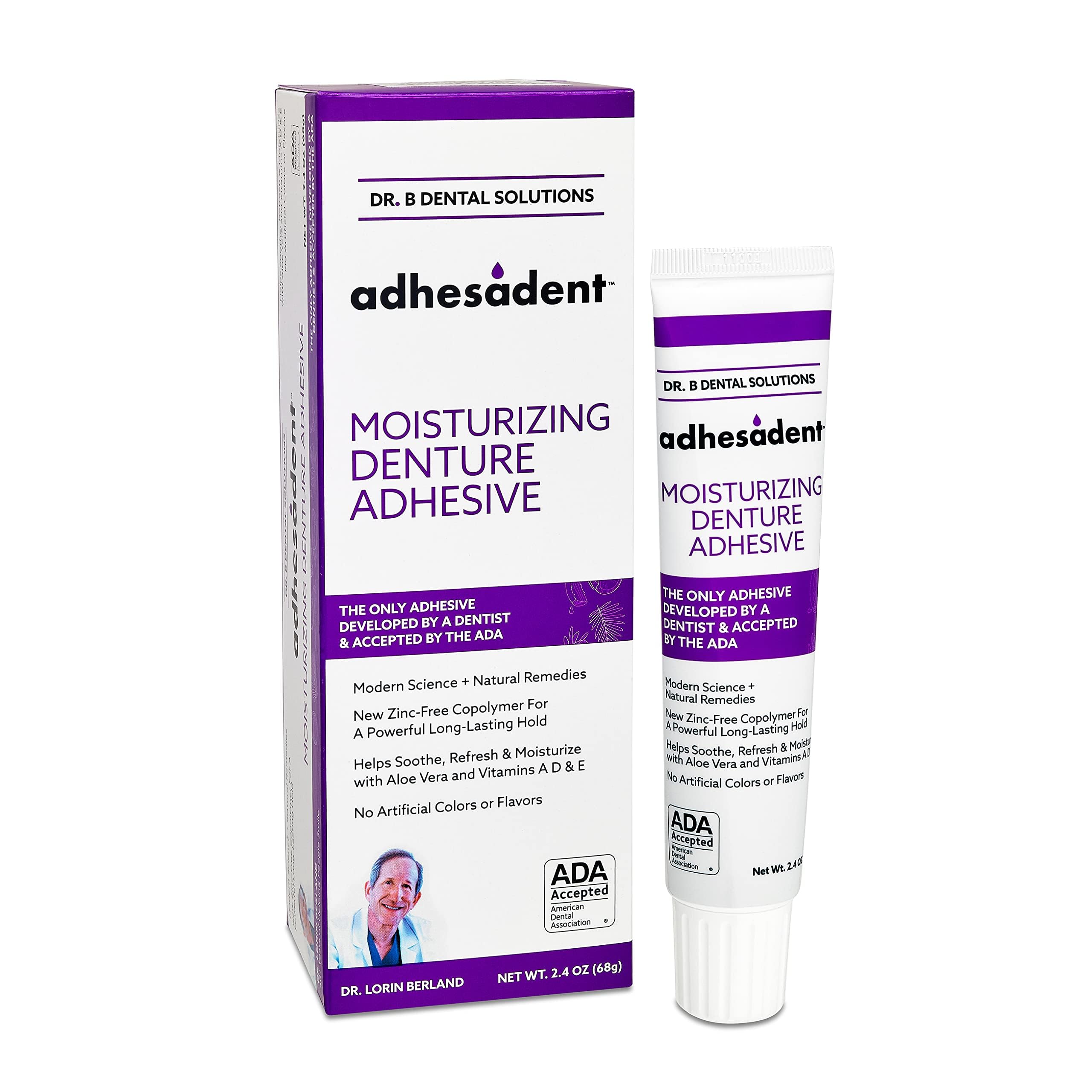 Dr. B Adhesadent envase frontal mostrando la marca y fijación