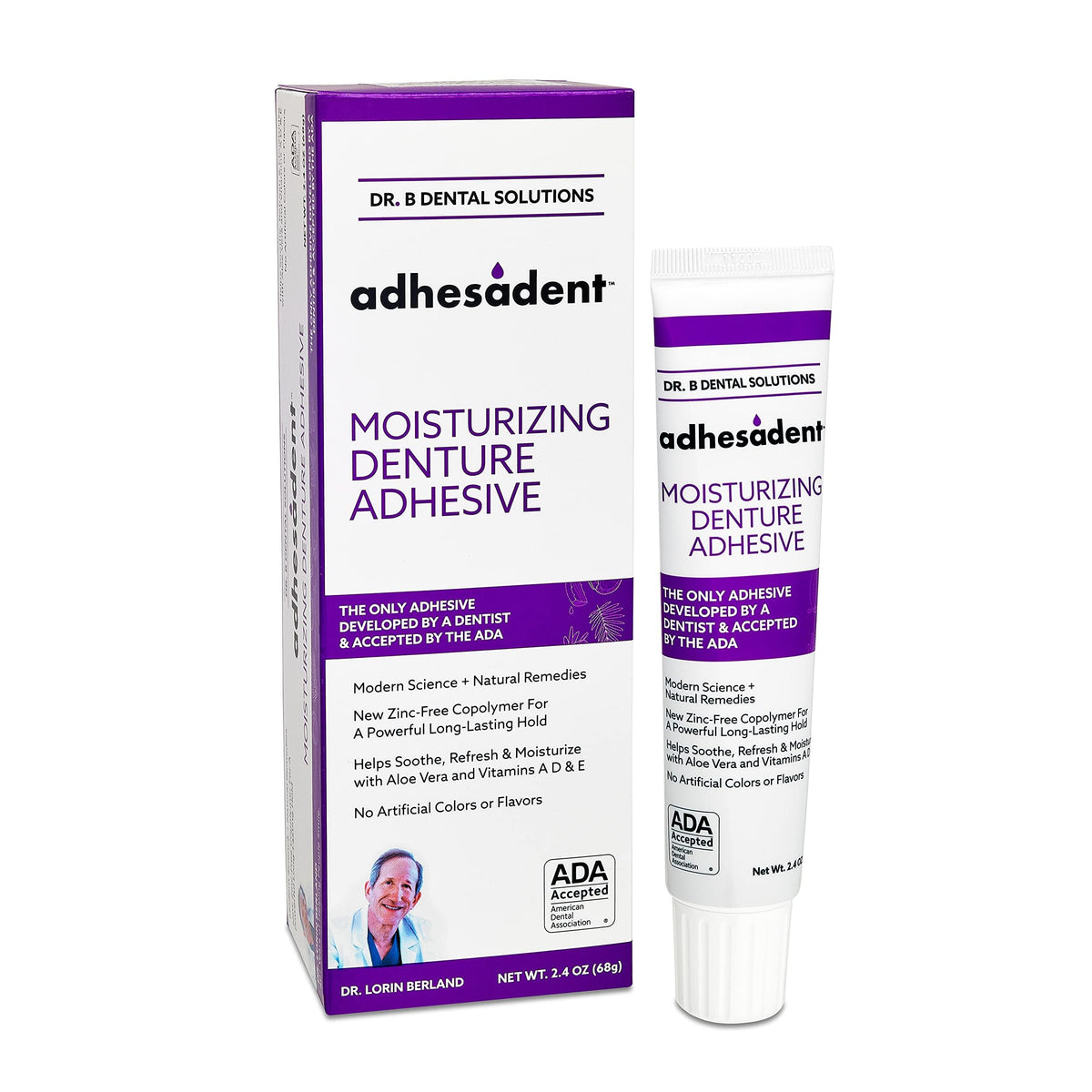 Dr. B Adhesadent envase frontal mostrando la marca y fijación
