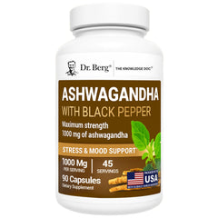 Frasco Dr. Berg Ashwagandha 1000 mg mostrando la marca y cantidad