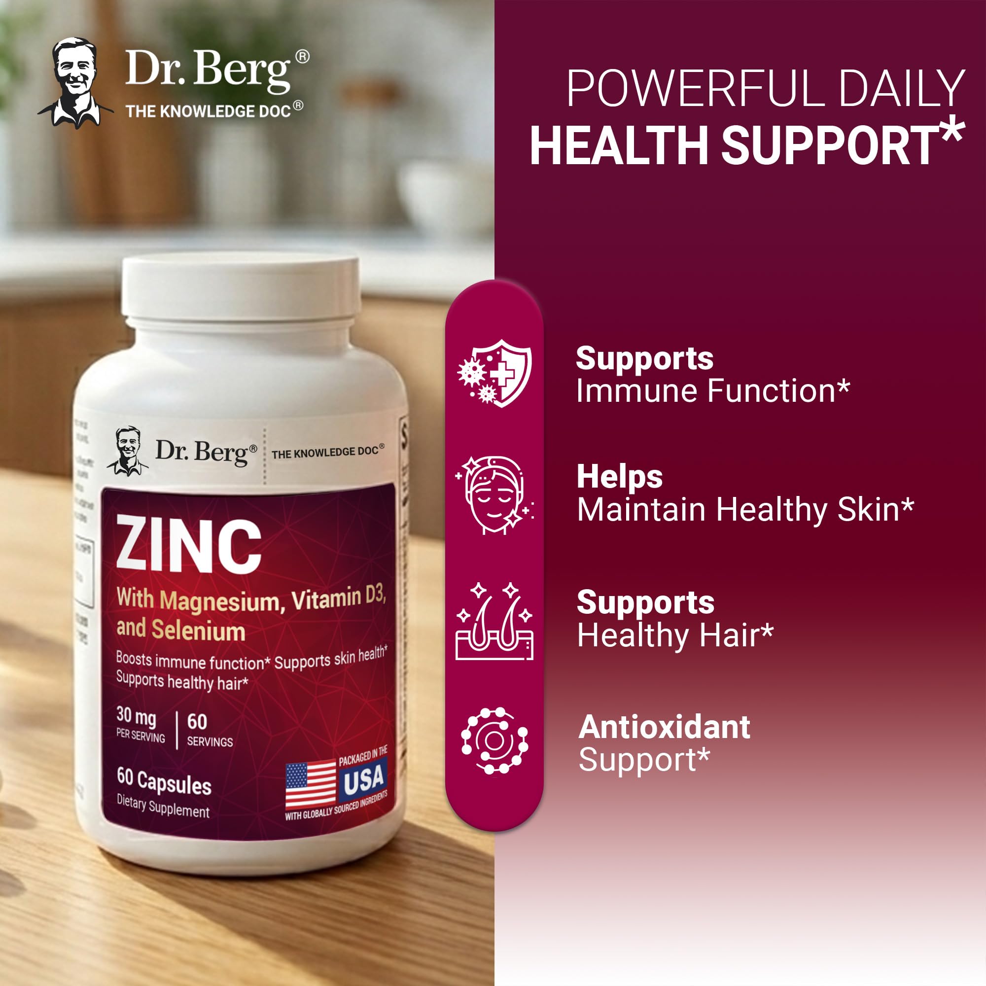 Dr. Berg Nutritionals cápsulas junto a elementos naturales indicando formulación equilibrada