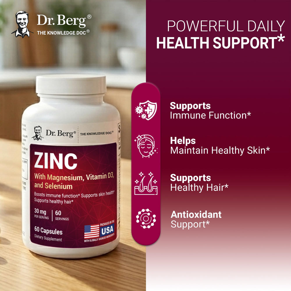 Dr. Berg Nutritionals cápsulas junto a elementos naturales indicando formulación equilibrada