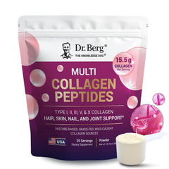 Dr. Berg envase frontal del polvo de colágeno sin sabor mostrando marca y porciones