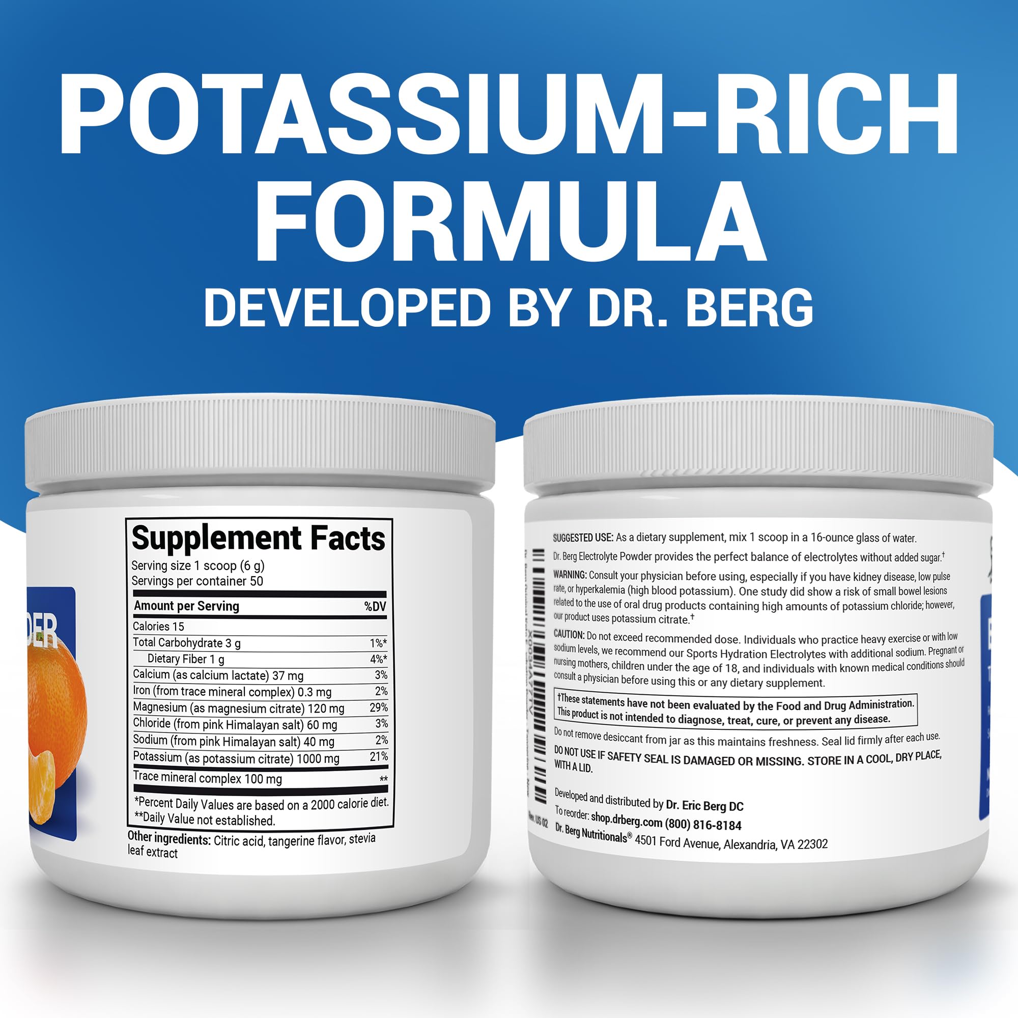 Dr. Berg etiqueta con lista de ingredientes y aporte de 1000 mg de potasio por porción