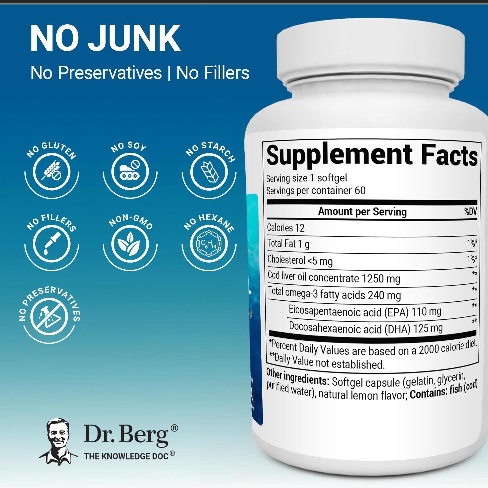 Dr. Berg frasco abierto con 60 softgels listos para tomar
