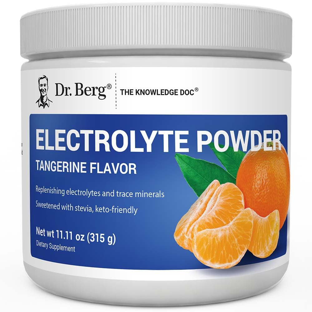 Dr. Berg envase frontal del polvo de electrolitos con 50 porciones y sabor mandarina