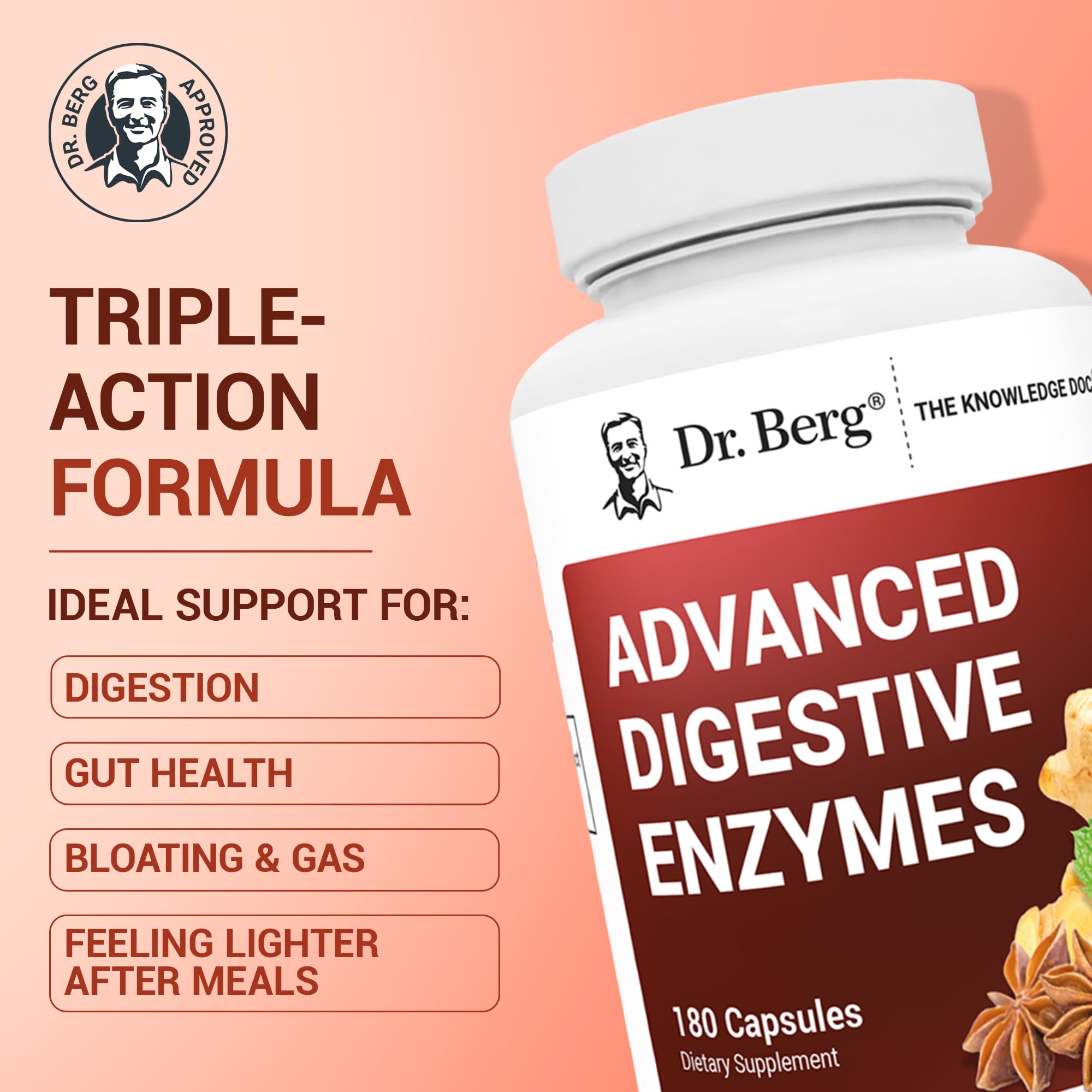 Dr. Berg etiqueta en primer plano destacando ingredientes clave y 200 mg de HCl