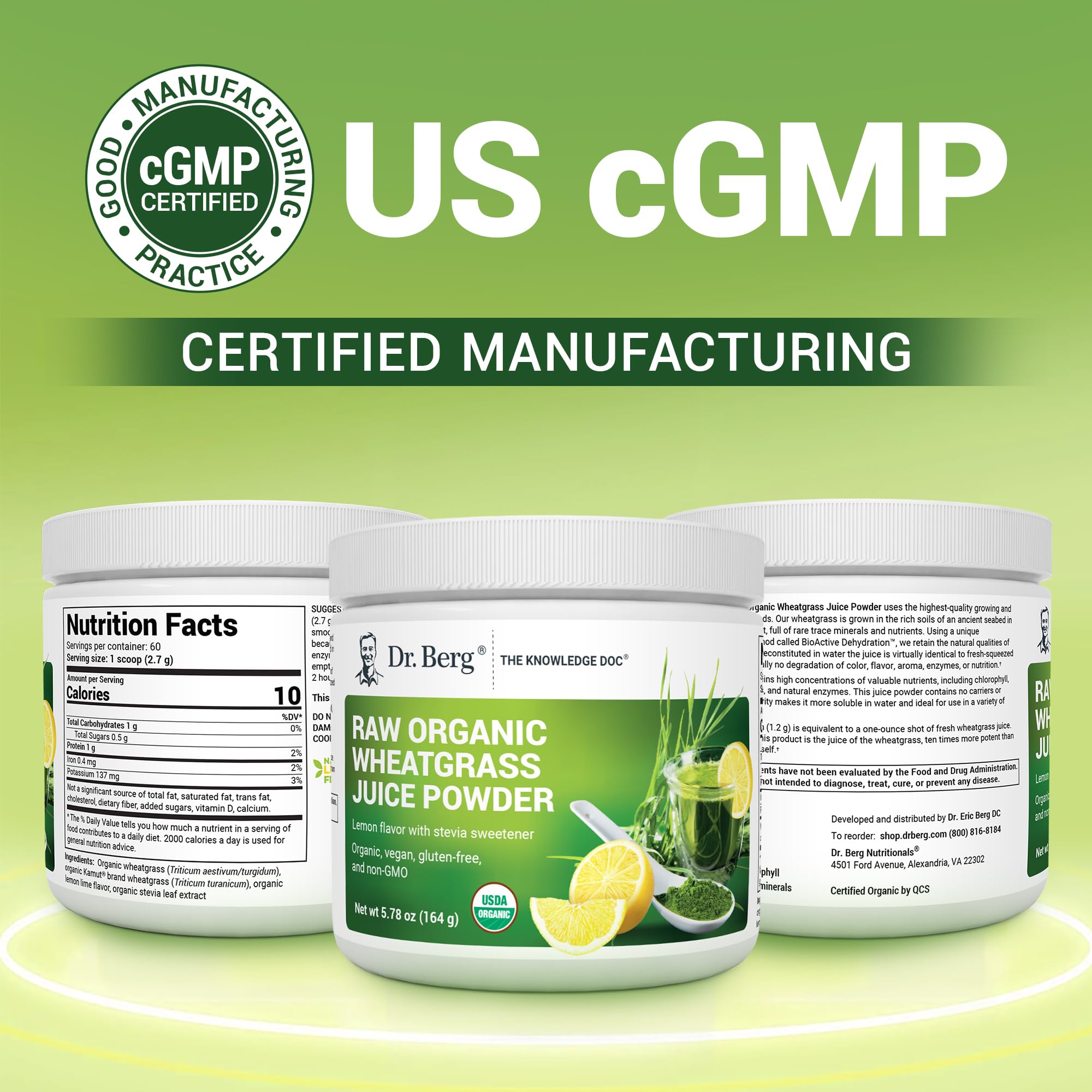 Dr. Berg etiqueta con sellos USDA Organic y GMP, garantía de calidad