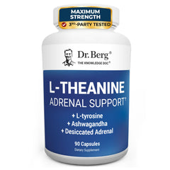 Dr. Berg bote frontal mostrando L-theanine y adaptógenos para apoyo diario