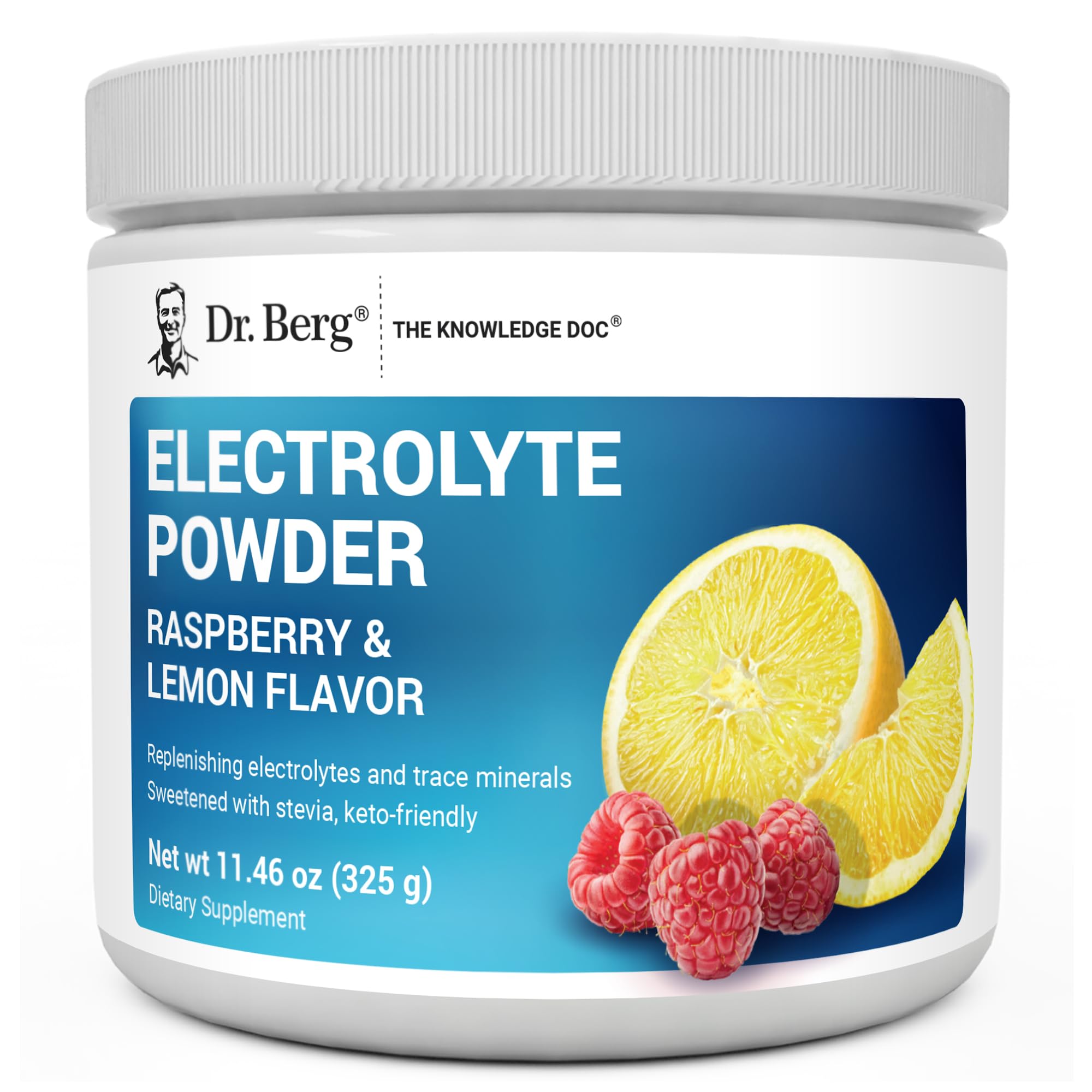 Dr. Berg envase frontal mostrando 50 servicios y sabor frambuesa limón, práctico para keto