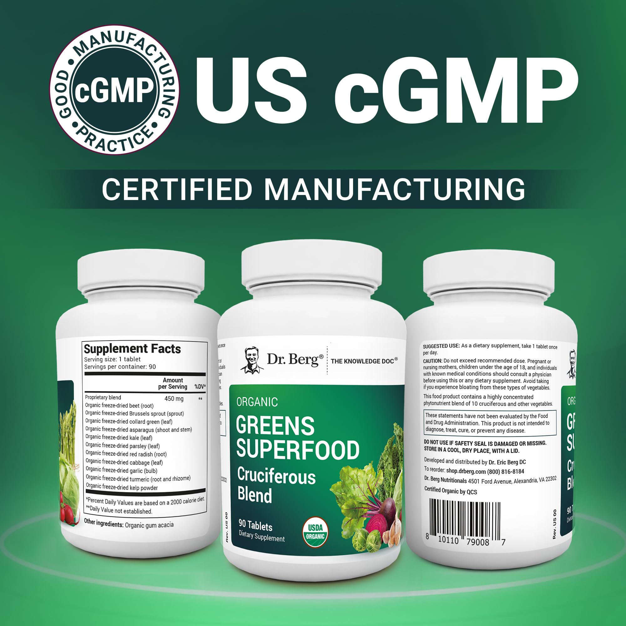Dr. Berg etiqueta con sellos GMP y orgánico para transmitir confianza en fabricación