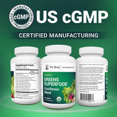 Dr. Berg etiqueta con sellos GMP y orgánico para transmitir confianza en fabricación