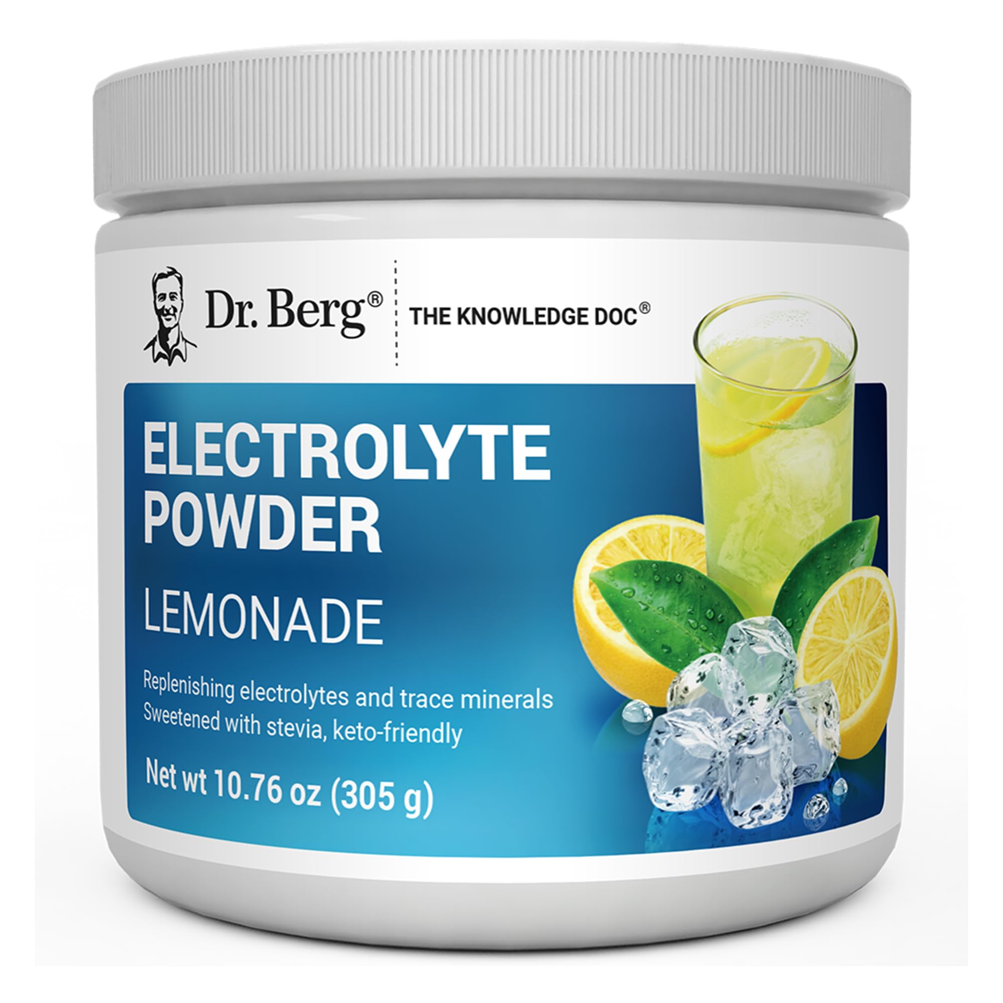 Dr. Berg envase frontal mostrando 50 porciones y sabor limonada