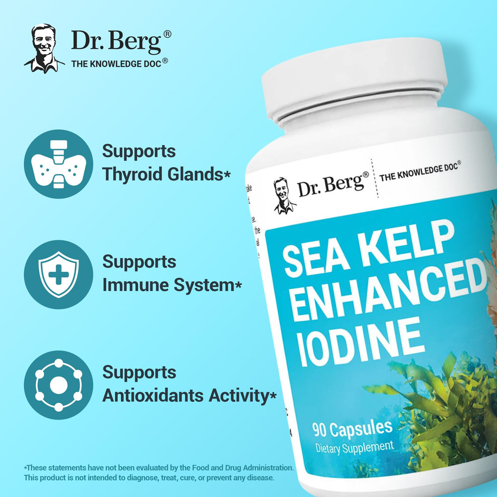 Dr. Berg Sea Kelp cápsulas en primer plano para ver tamaño y color fácilmente