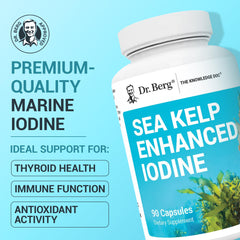 Dr. Berg Sea Kelp detalle de etiqueta con información de yodo y mezcla de algas