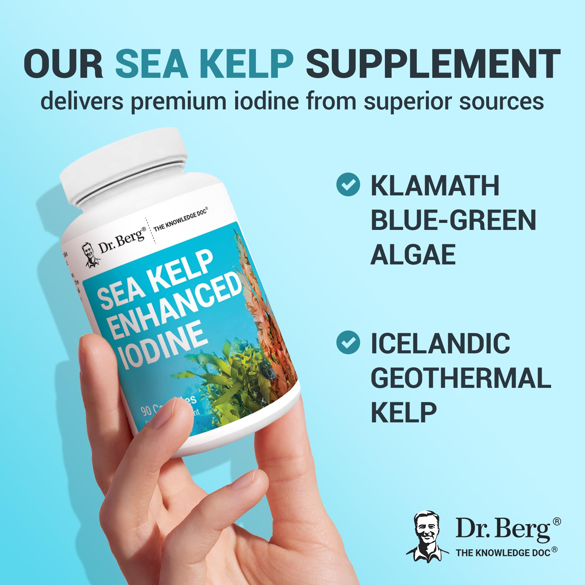 Dr. Berg Sea Kelp producto sobre mesa junto a vaso de agua para toma diaria