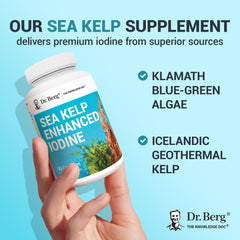 Dr. Berg Sea Kelp producto sobre mesa junto a vaso de agua para toma diaria