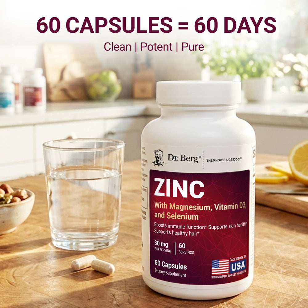 Dr. Berg Nutritionals cápsula al lado de un vaso en rutina diaria para conveniencia
