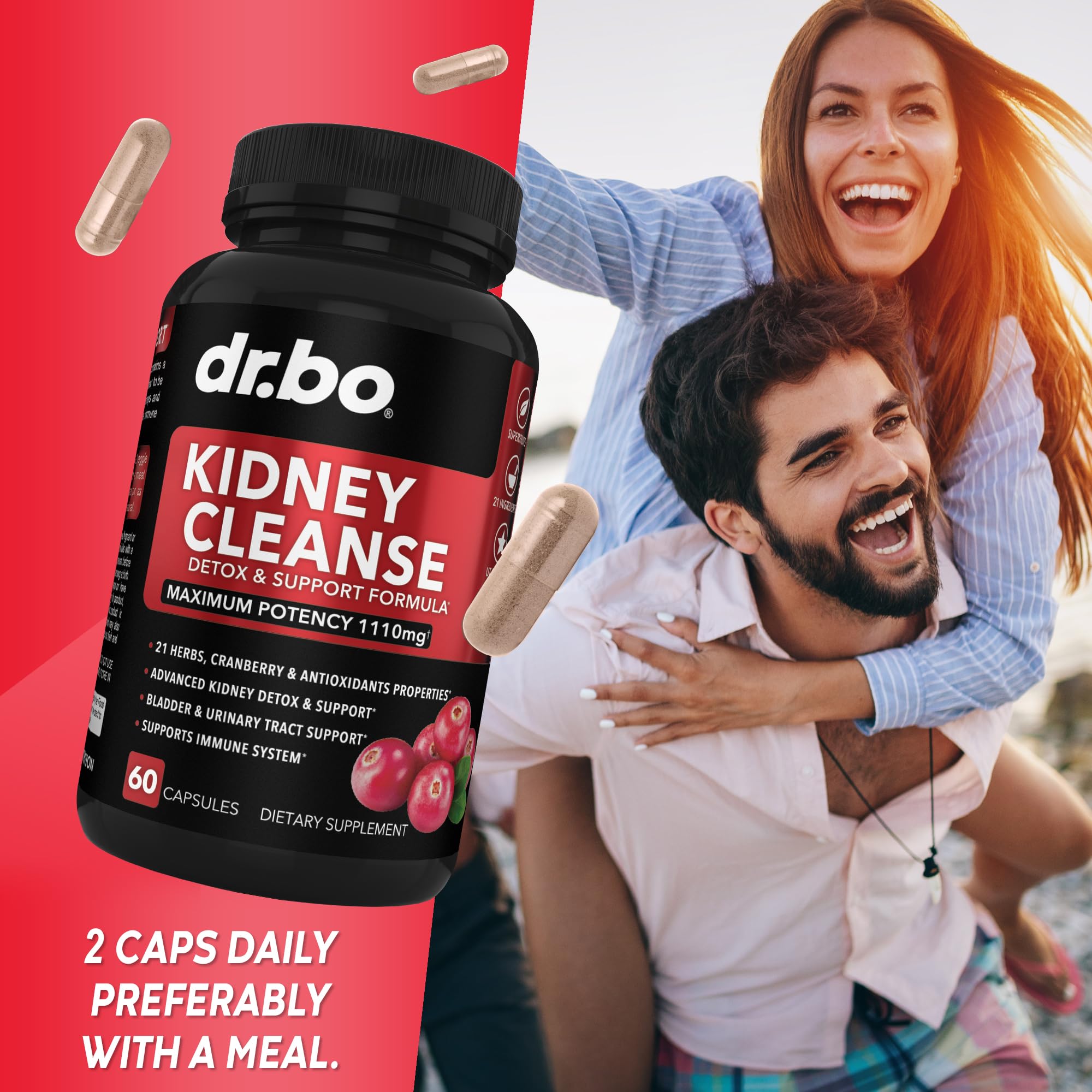 DR. BO bote abierto con cápsulas destacando calidad y contenido natural