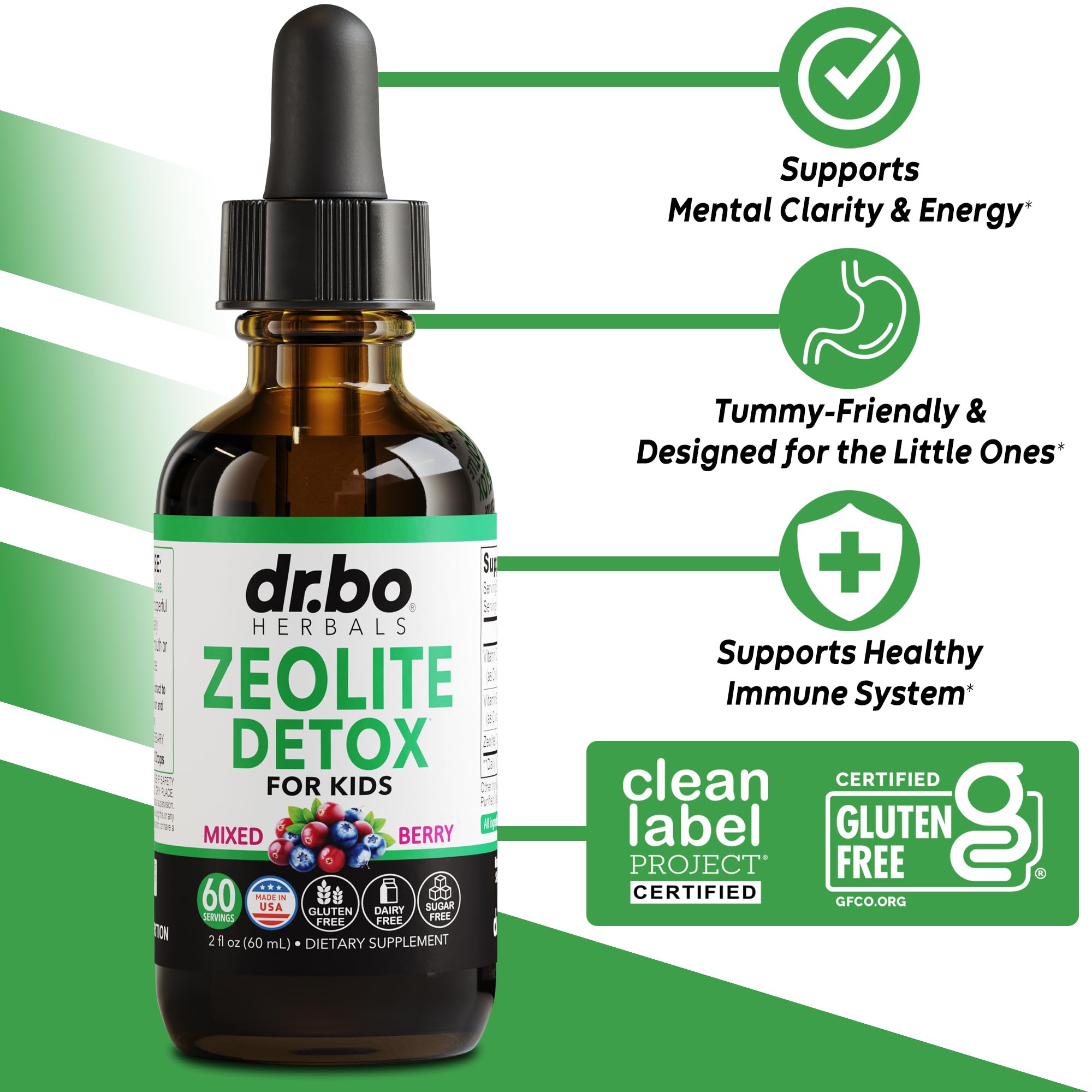 DR. BO etiqueta con lista de ingredientes, muestra clinoptilolita y vitaminas B12 y D