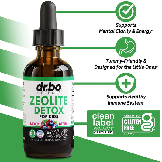 DR. BO etiqueta con lista de ingredientes, muestra clinoptilolita y vitaminas B12 y D
