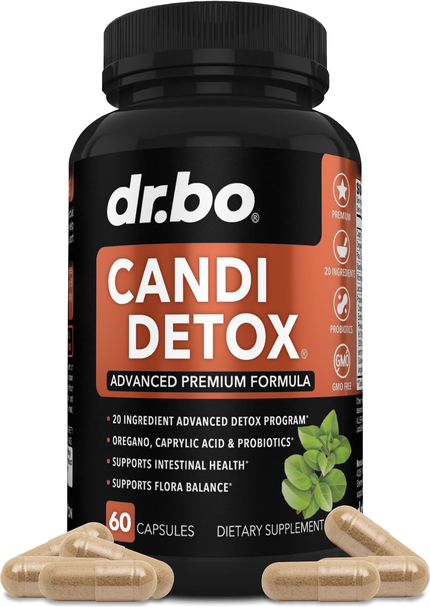 DR. BO frasco delantero Candida Cleanse mostrando etiqueta clara y beneficios