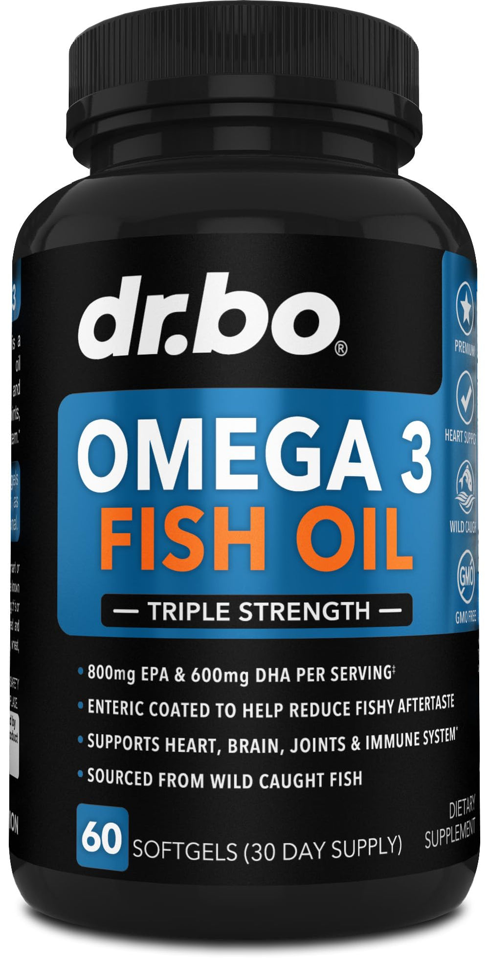 DR. BO frasco frontal de 60 cápsulas omega‑3 mostrando etiqueta clara y beneficios
