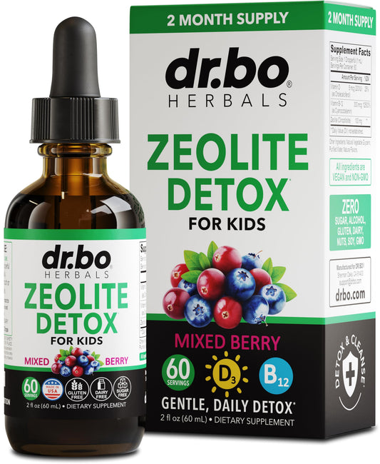 DR. BO frasco frontal de Zeolite Detox para niños, presentación fácil de usar y sabor berry