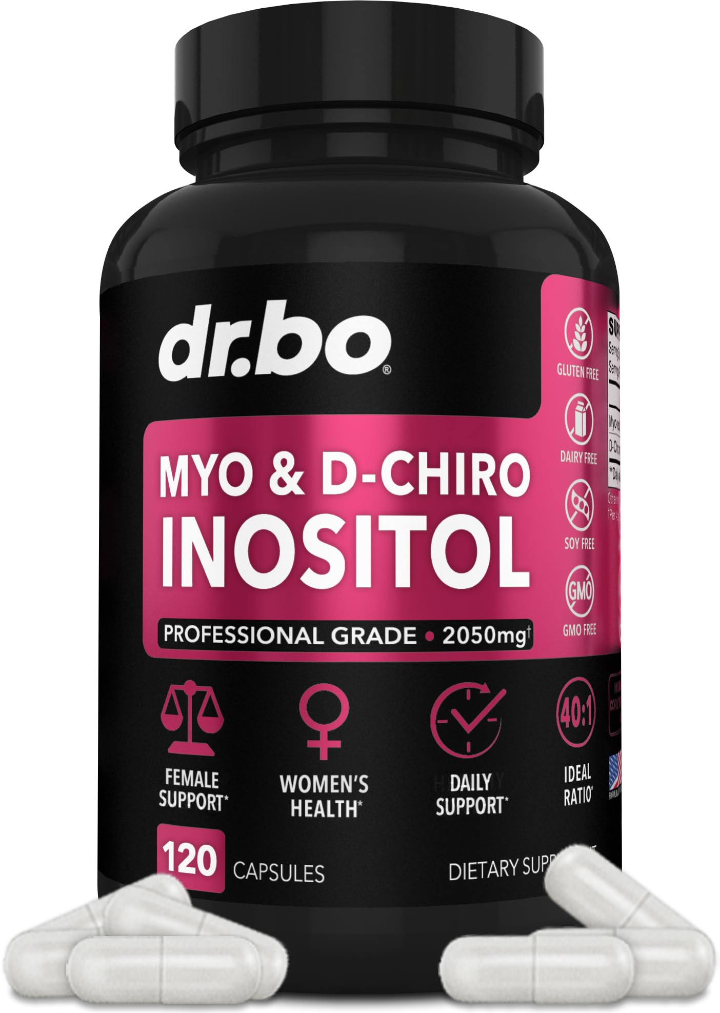DR. BO frasco frontal mostrando 120 cápsulas y beneficios claros