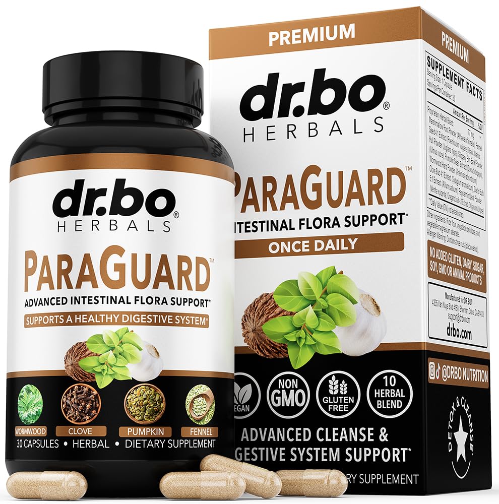 DR. BO frasco ParaGuard Cleanse al frente mostrando la marca y conveniencia