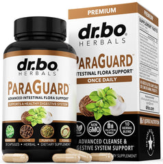 DR. BO frasco ParaGuard Cleanse al frente mostrando la marca y conveniencia