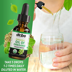 DR. BO gotas diluidas en vaso de agua, fácil ingestión diaria