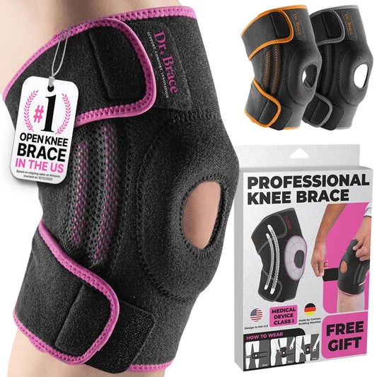 DR. BRACE empaque frontal mostrando rodillera y talla Orion, ideal para soporte diario