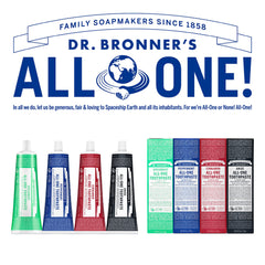 Dr. Bronner's etiqueta con sellos cruelty-free y comercio justo destacados