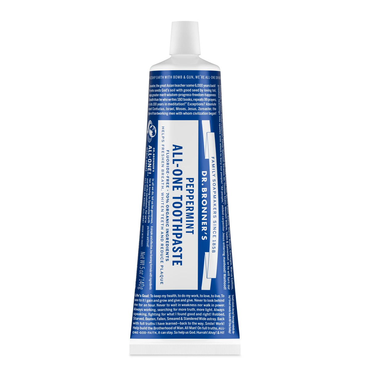 Dr. Bronner's tubo frente mostrando diseño y beneficio natural