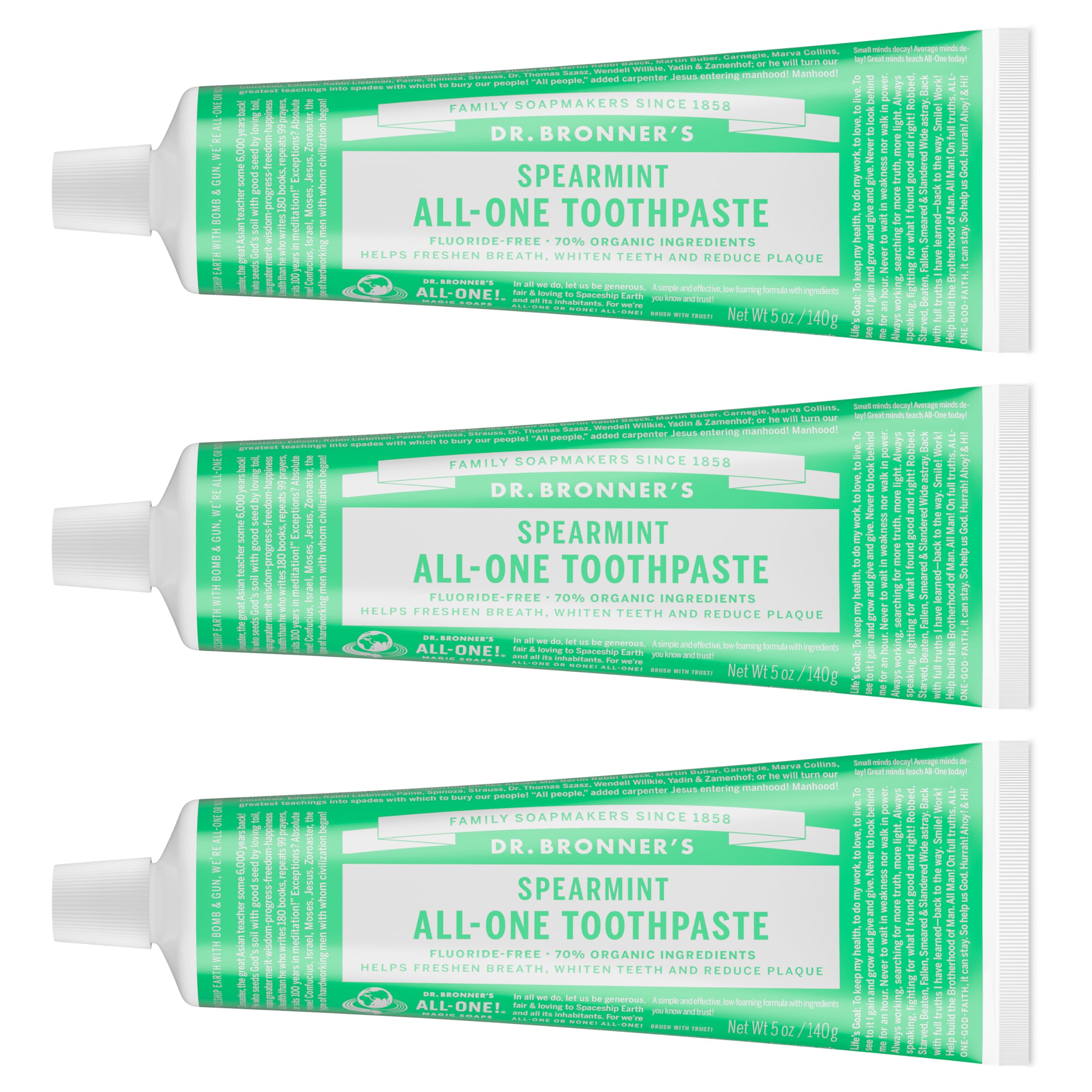 Dr. Bronner's frontal del paquete de 3 tubos mostrando etiqueta y beneficio natural