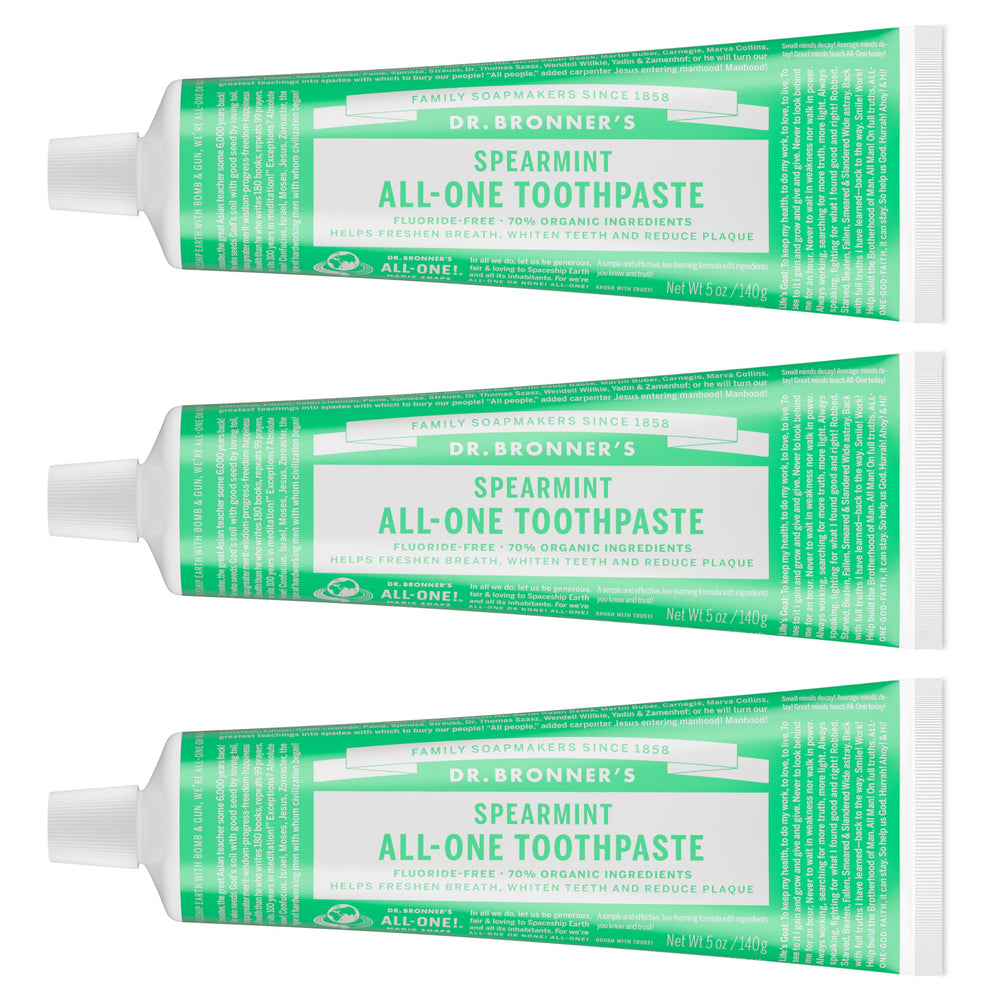 Dr. Bronner's frontal del paquete de 3 tubos mostrando etiqueta y beneficio natural