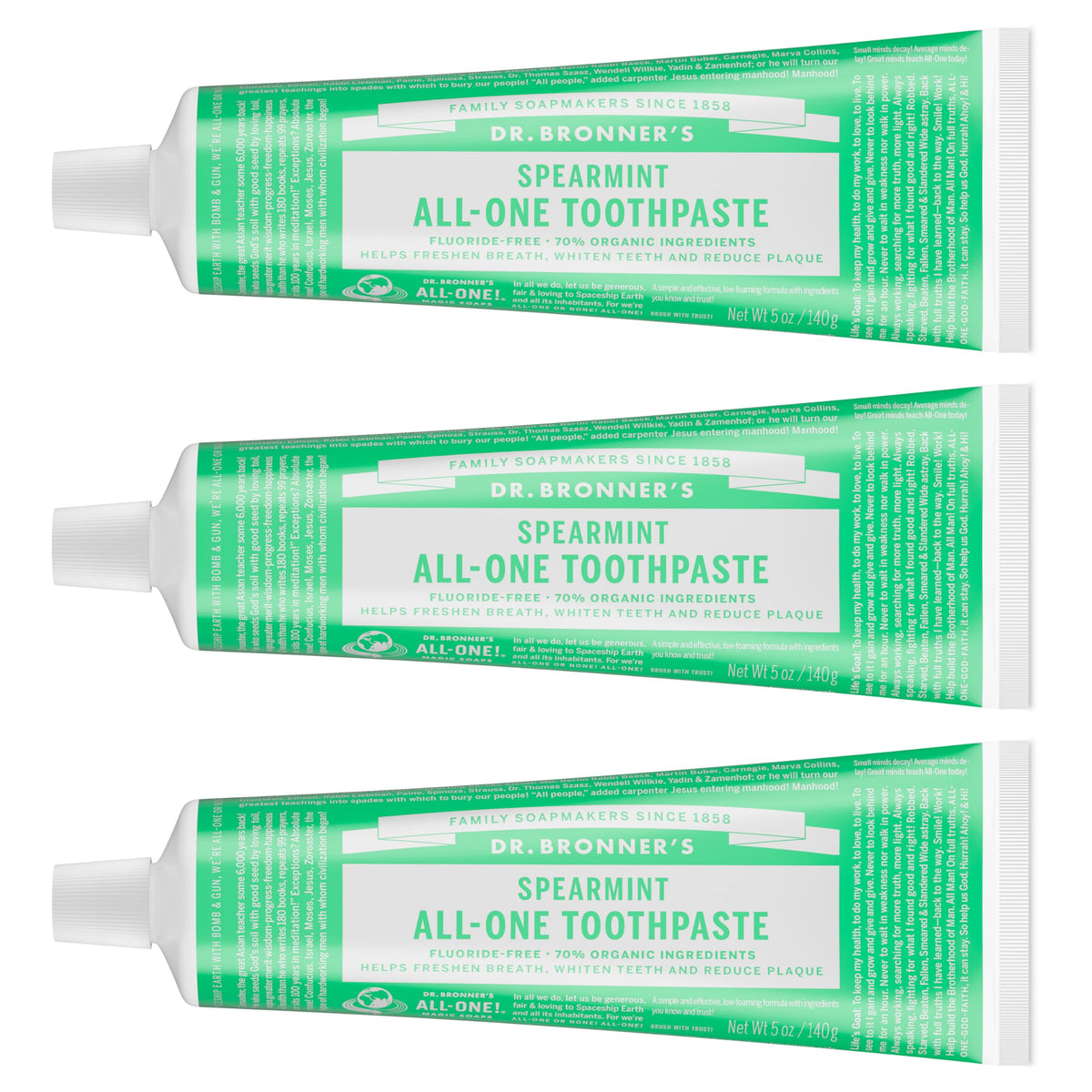 Dr. Bronner's frontal del paquete de 3 tubos mostrando etiqueta y beneficio natural