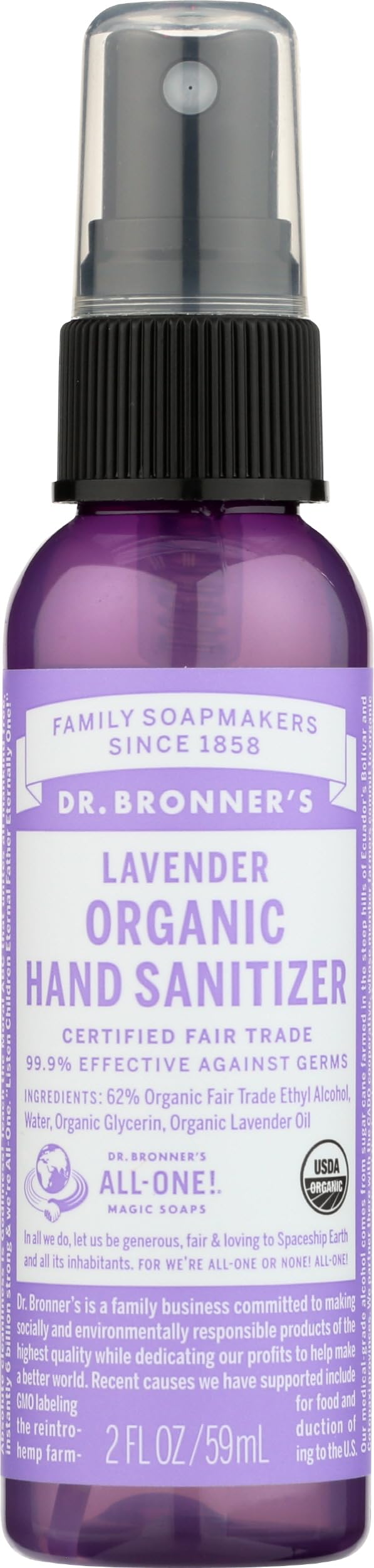 Dr. Bronner's frasco frontal lavanda muestra claro y práctico