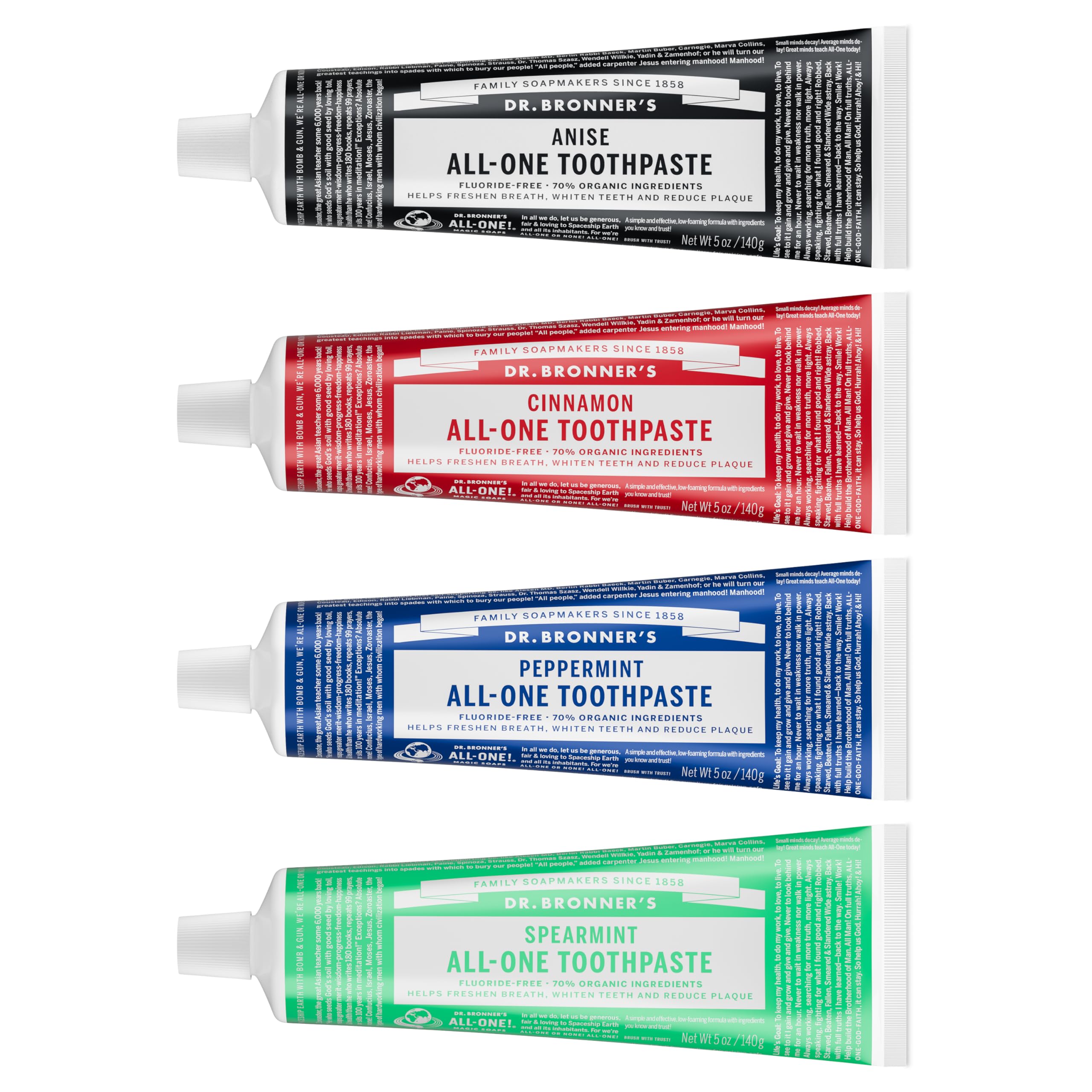Dr. Bronner's frontal del pack variedad mostrando los cuatro tubos y beneficios naturales